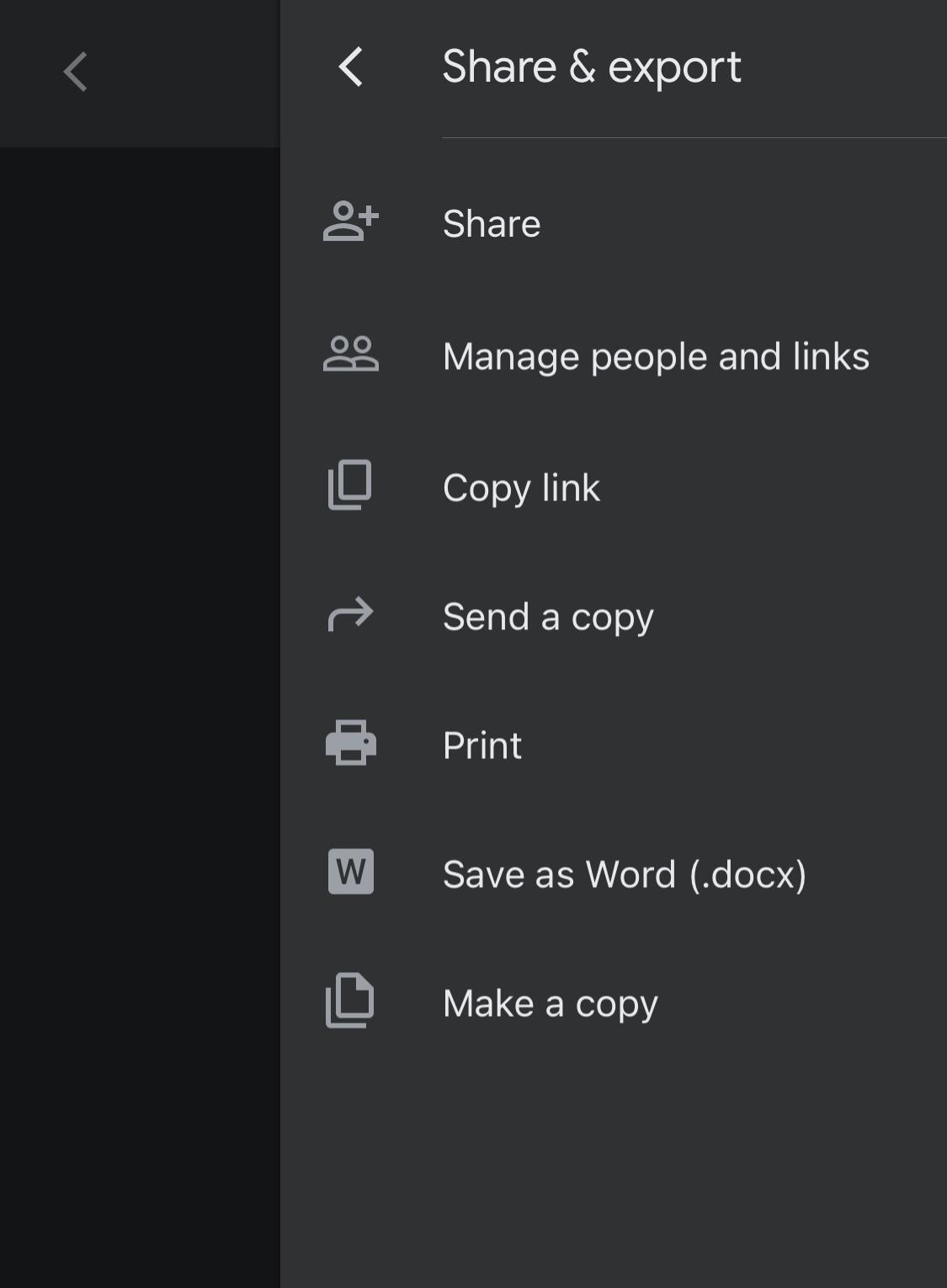 share and export menu showing print button