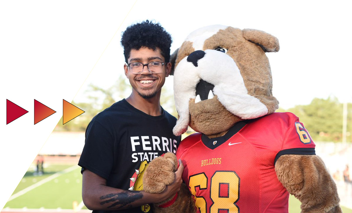 Ferris State student and Brutus the Bulldog, the Ferris State University mascot
