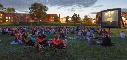 This scene of a movie playing on campus is from a recent Ferris State University Homecoming celebration.