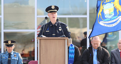 Ferris State University Department of Public Safety Director John Allen speaks to the audience during the annual Police Memorial event on the Robinson Quad of the Big Rapids campus on Tuesday, May 10.