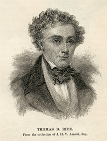 Depiction of Thomas Rice. He has a suit, a smug expression, and curly hair. 