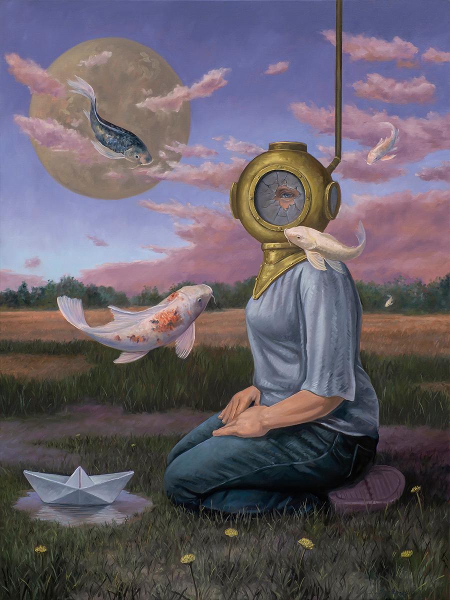 A painting of a person kneeling in a grassy field with a divers helmet on their head. The sky is a sunset hue and there are fish randomly inserted into the picture.
