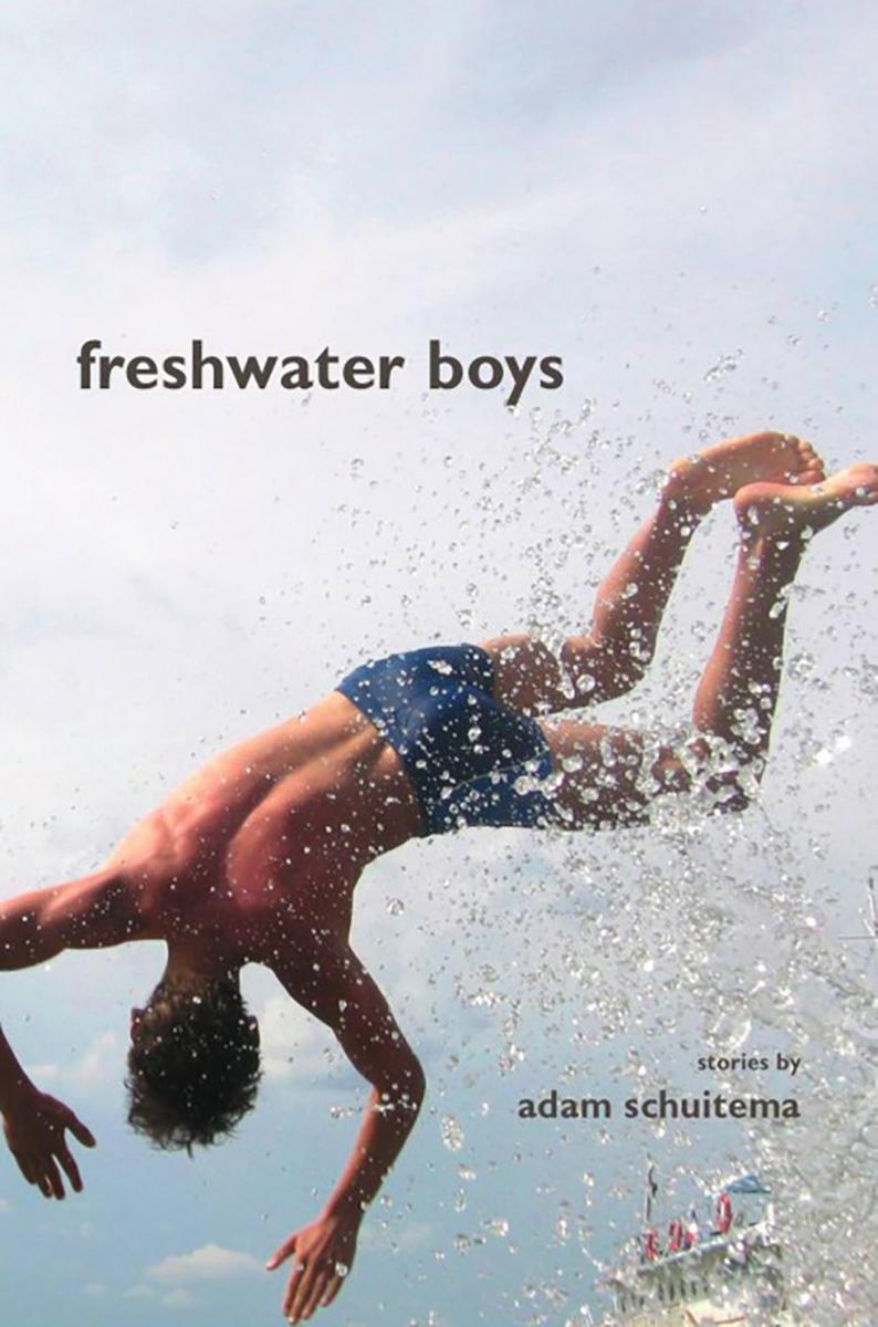 Book cover of 'freshwater boys' featuring a young man splashing into water.
