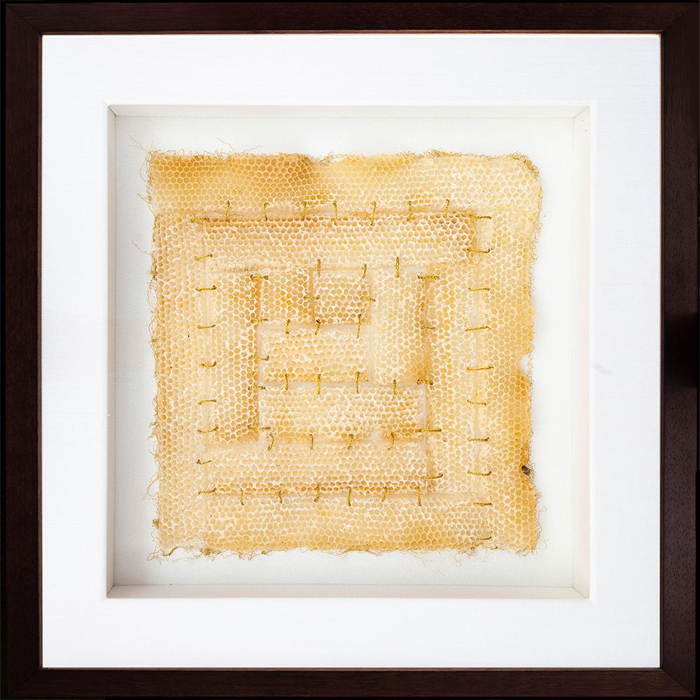 Pieces of honeycombs stitched together into a square.