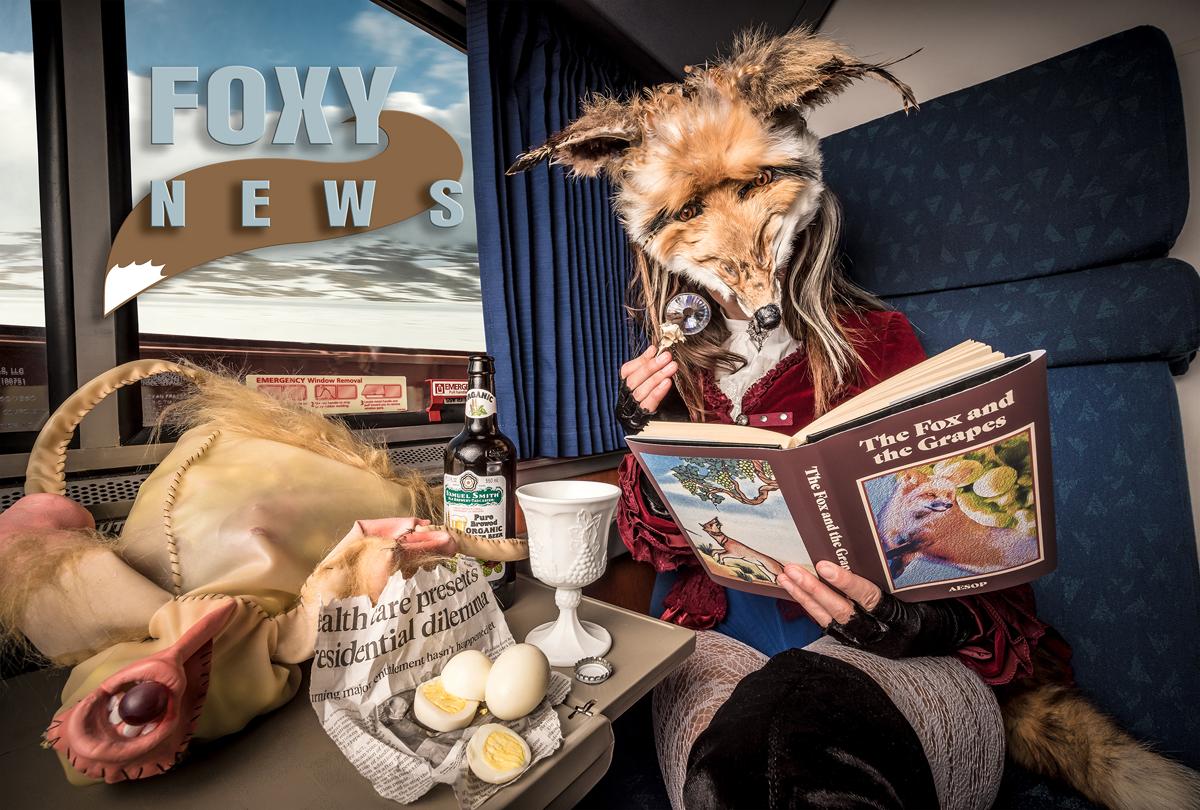 A woman in a fox mask sits in a train car reading a book with the title 'The Fox and the Grapes'