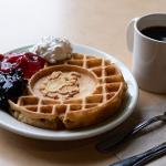 Waffle with Cream, Strawberry and Blueberry Jam, Coffee