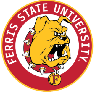 Photo of Ferris State University Bulldog in a red circle. 