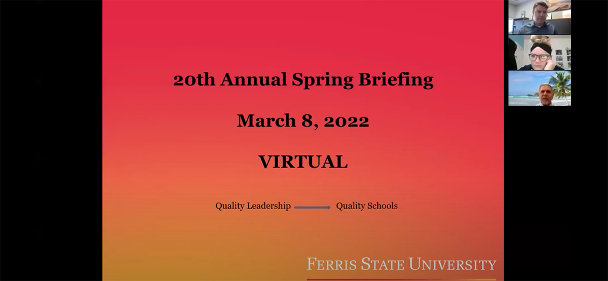 Screen capture from the Charter Schools Office's Spring Briefing 2022. Open slide reads: 20th Annual Spring Briefing, March 8, 2022. Virtual. Quality Leadership equals quality schools.