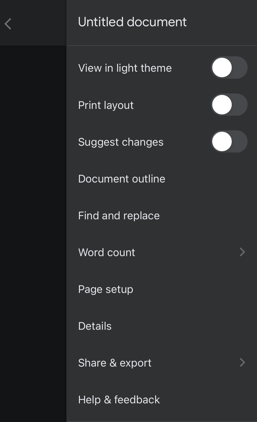 google doc settings showing share and export