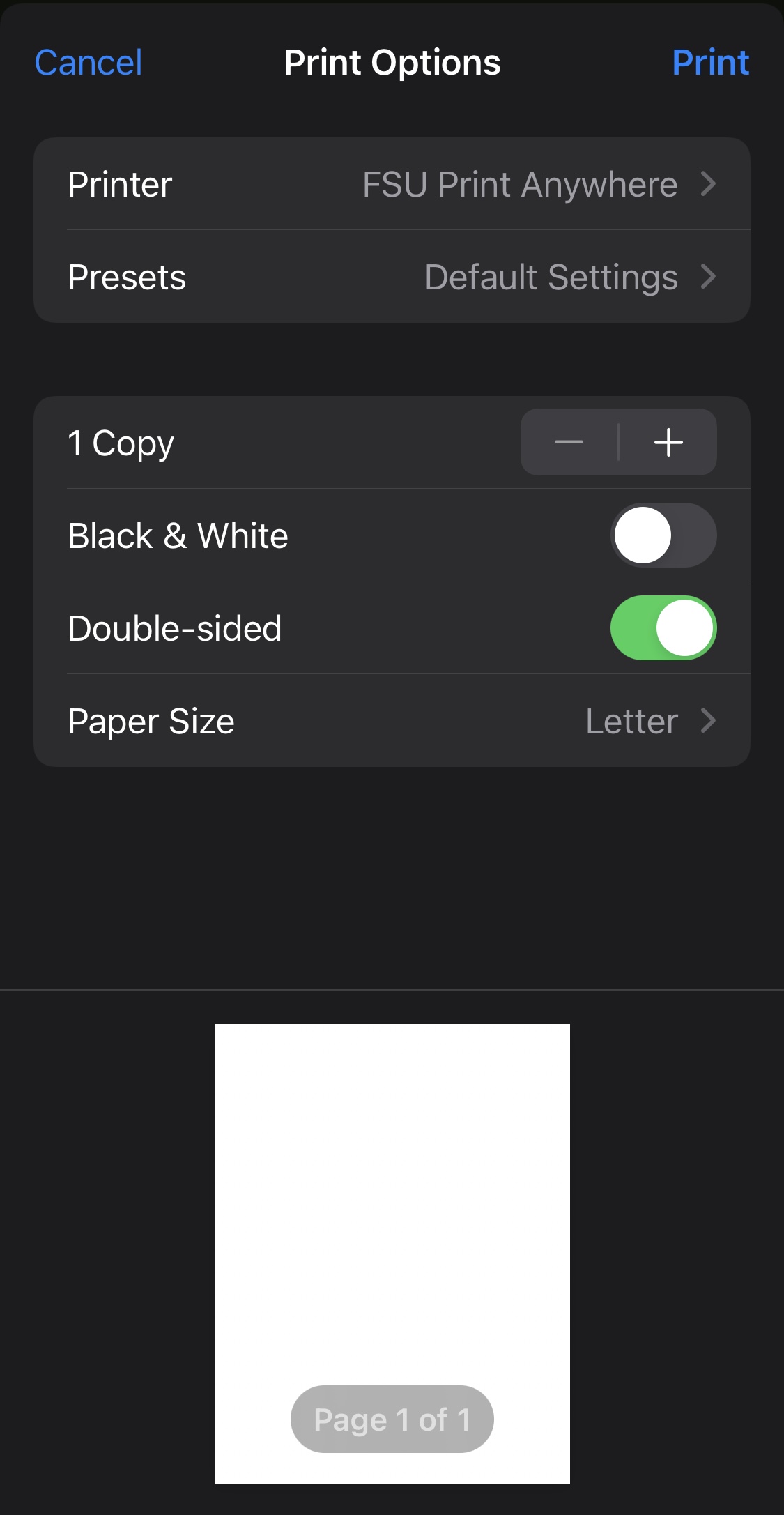 make sure your printer is set to FSU print anyhwere