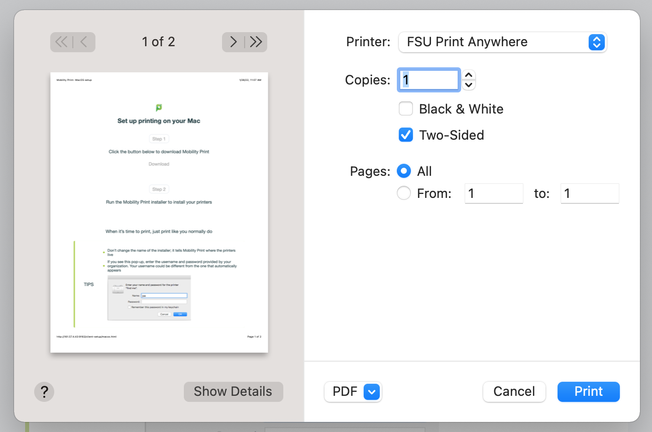 make sure your printer is FSU print anywhere