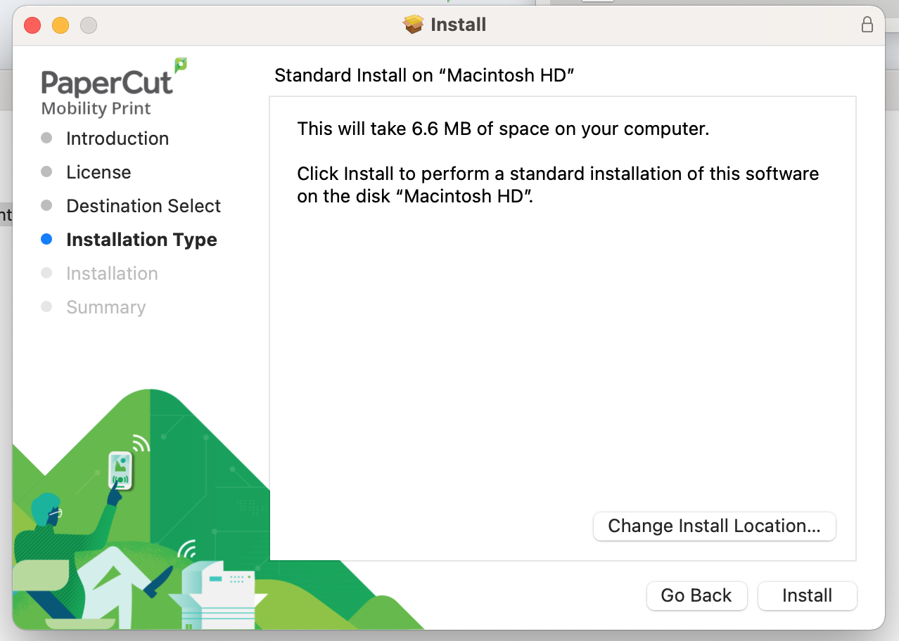 installation type tab of mobile print installer