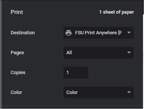 make sure you are printing to FSU print anywhere