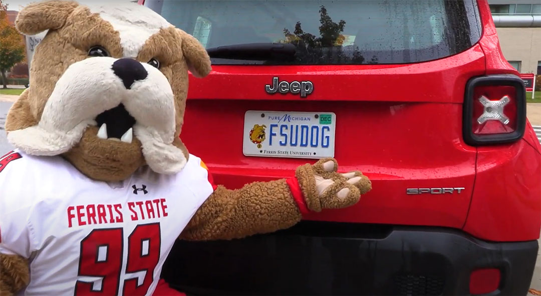 Brutus showing off a Ferris license plate
