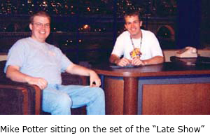 Mike Potter sitting on the set of the Late Show