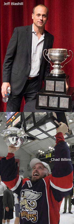 Jeff Blashill and Chad Billins posing with the Calder Cup