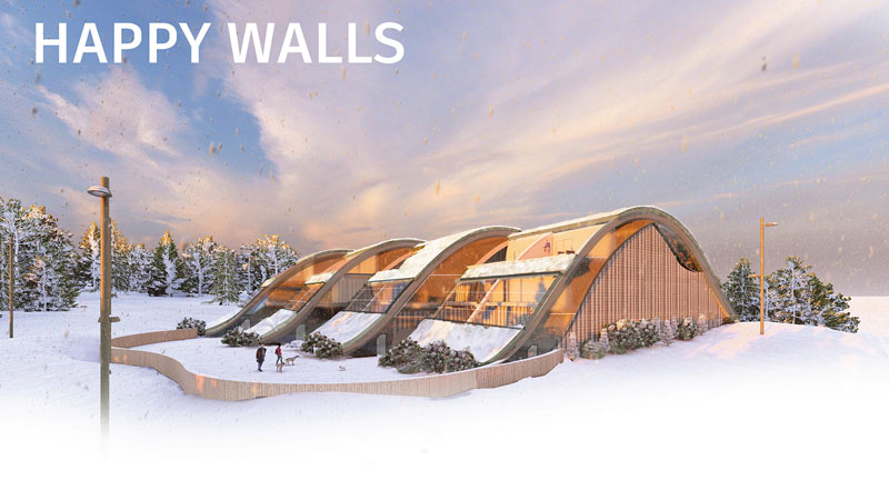 A rendering of a large curved glass building situated in a remotw snowy landscape