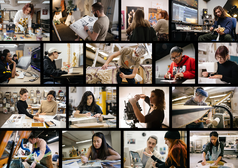 Collage of images of students working in creative spaces
