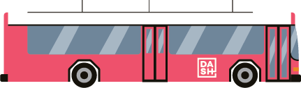 An illustration of a city bus with the word DASH on the side