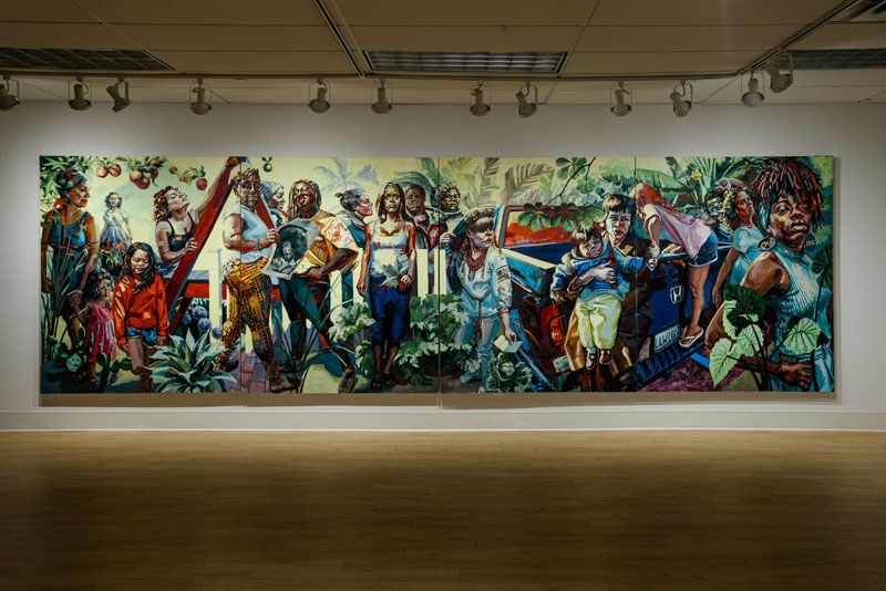 A large painting depicting numeorus femlae figures engaged in a variety of activities