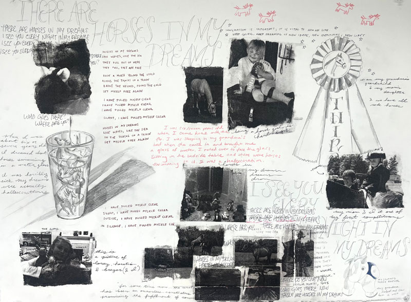 A scattered drawing of interconnected webs connecting photographs to cryptic passages of text