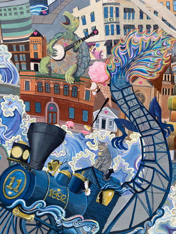 A brightly colored mural painting depicting a  cityscape from which a steam engine and a turtle strumming a guitar are emerging