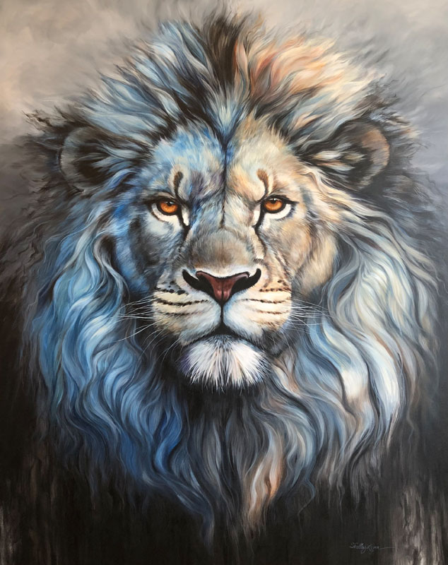 A photorealstic painting of a lion from the front