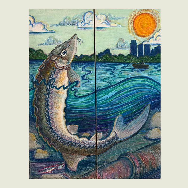 A painting of a fish with a backdrop of a city in the distance