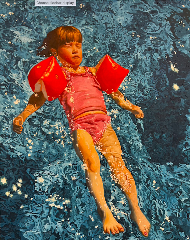 A realistic oil painting of a young boy floating in a pool wearing a swimsuit and orange floaties around his arms