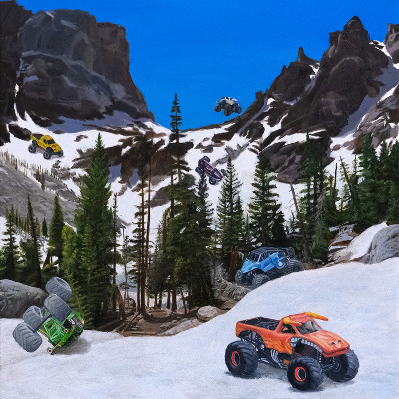 A realistic oil painting of a beautiful mountain landscape with neon colored radio controlled cards in the foreground