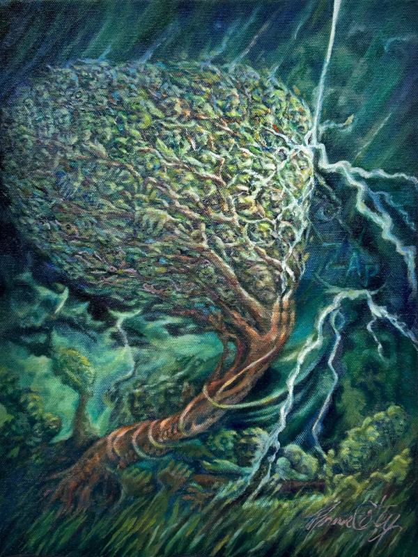 An oil painting of a multicolored tree