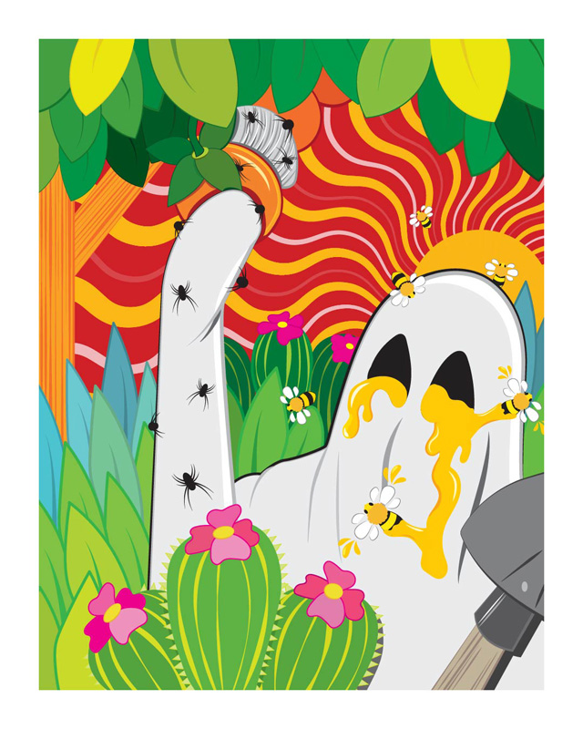 A cartoonish illustration of a ghost covered in honey and bees