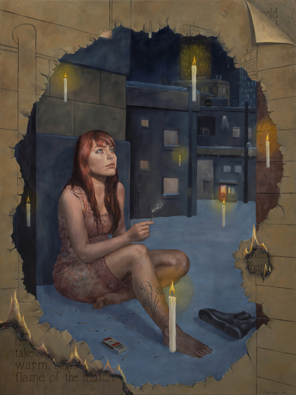 A realistic painting of a woman with red hair and a white dress sitting against a wall and holding an extinguished match