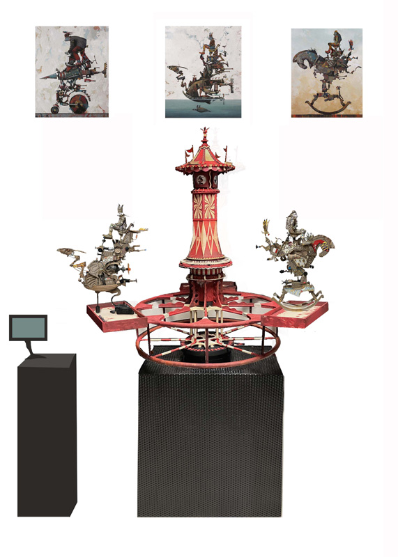 A whimscal sculpture of a carousel