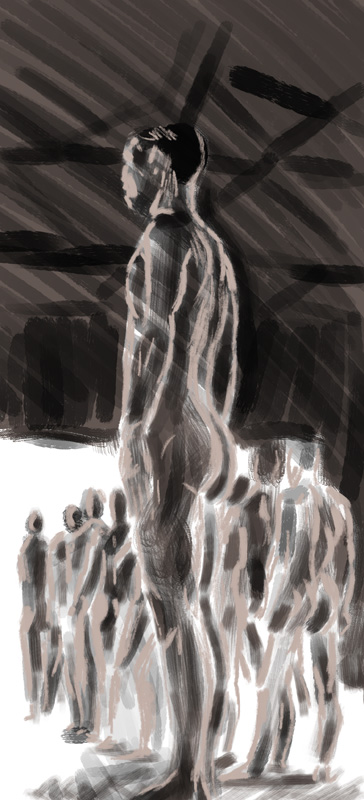 A black and white charcoal drawing of faceless male figures standing at attention