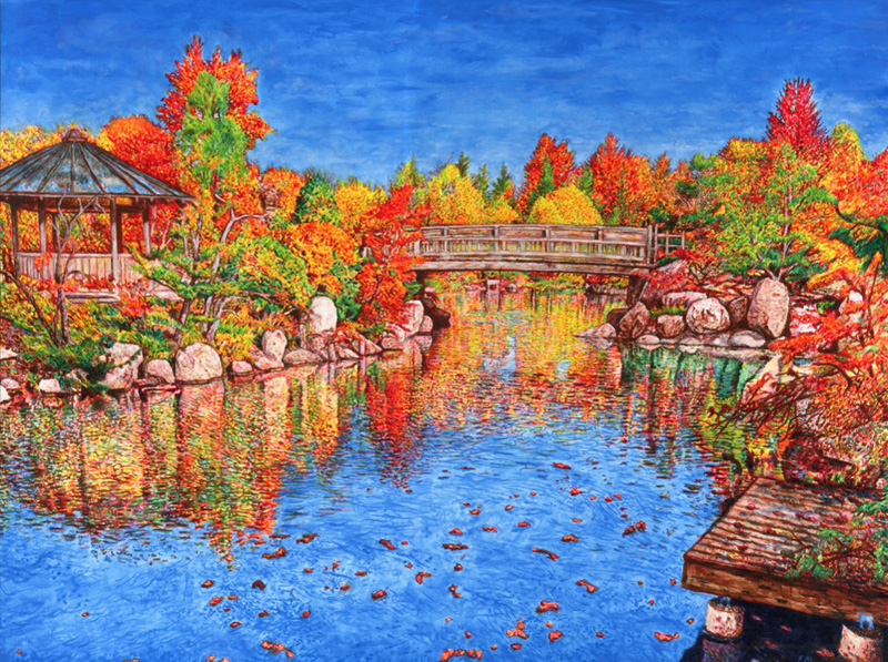 An oil painting of a treeline set ablze with the orange, yellow, and red of turning fall leaves set in front of a placid pond