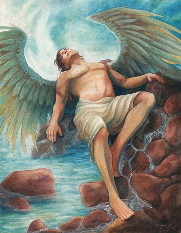 A realsitic painting of a male angel figure wearing only a white loin cloth and laying back on a rock outcroppoing near the water