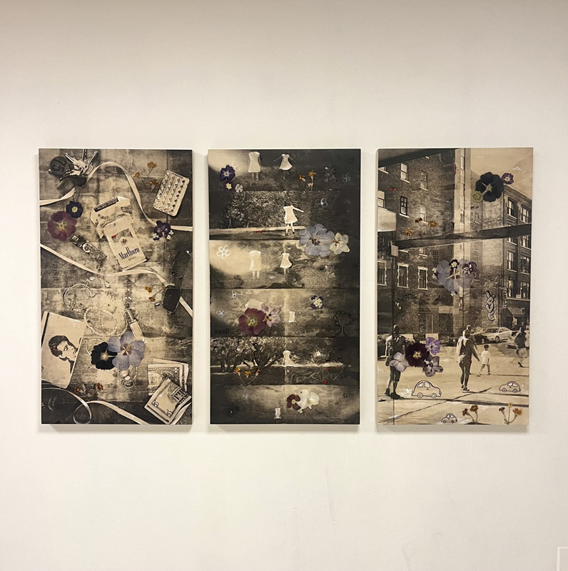 A series of three collage-like paintings blending old black and white photographs with colorful flowers and common items like cigarettes, money, and keys