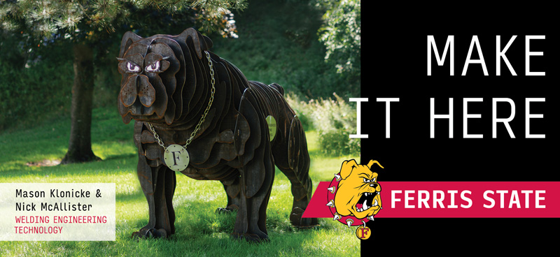 A billboard reading make it here ferris state university with a photograph of a large metal sculpture of a bulldog