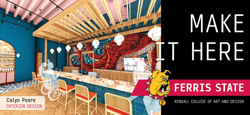 A billboard reading make it here ferris state university with a detailed digital rendering of the interior of a restaurant and bar