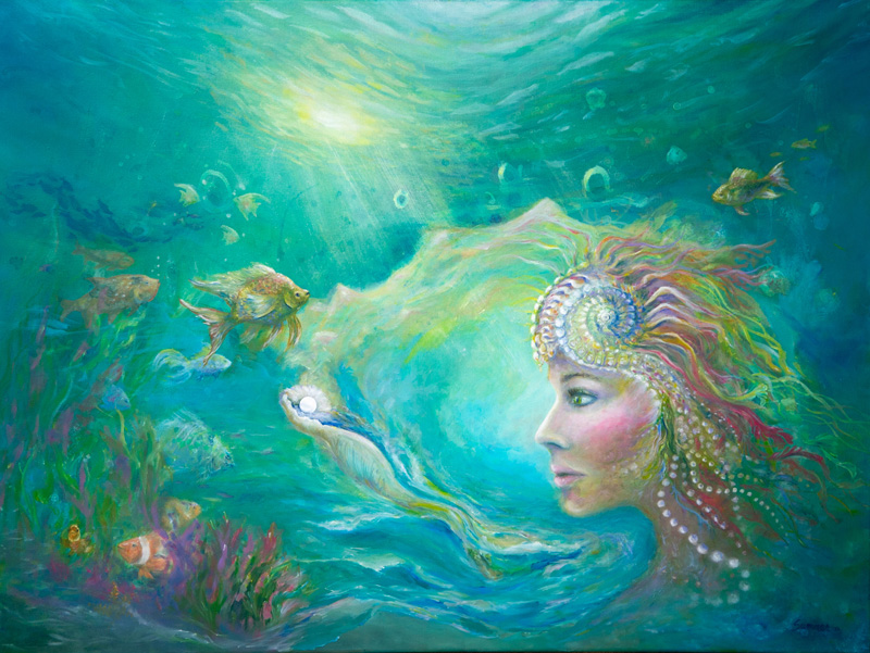 An artwork depicting an underwater scene tinged in green, with kelp and colorful fish swimming about as a female figure's head, adorned with colorful jewels, looks on from the side