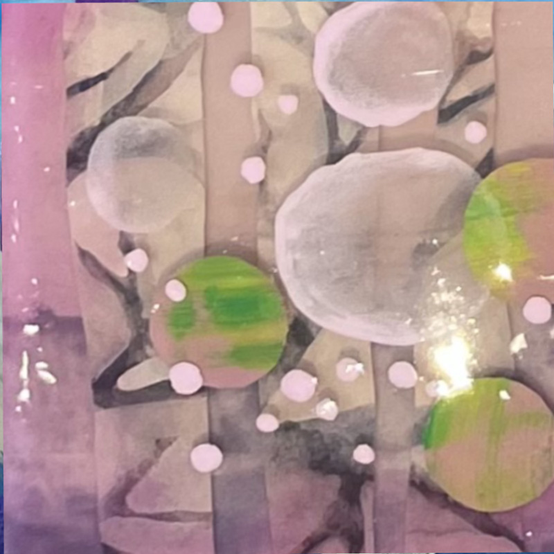 Am abstract painting featuring pink and green circles laid over a striped-like pattern of pink and gray tones 