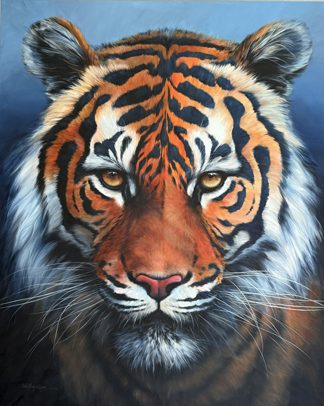 A hyperrealistic painting of a tiger's head