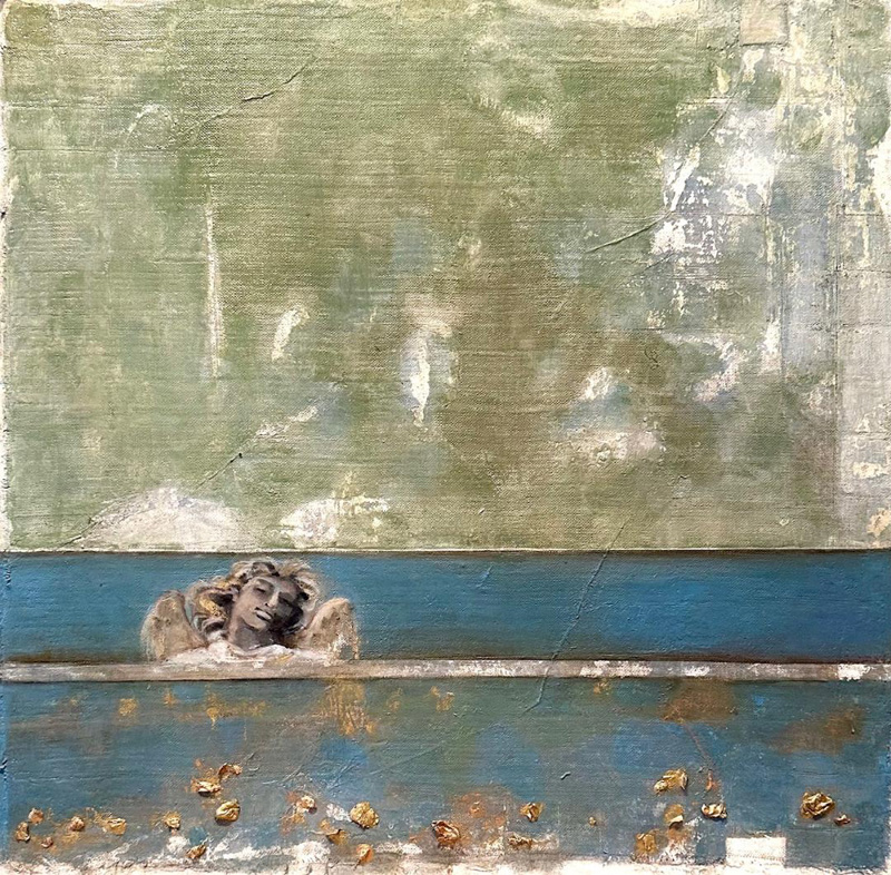 An abstract oil painting blending rough textures and shades of green, blue, brown and gray, with a small stone angel figure depicted in the corner of the canvas