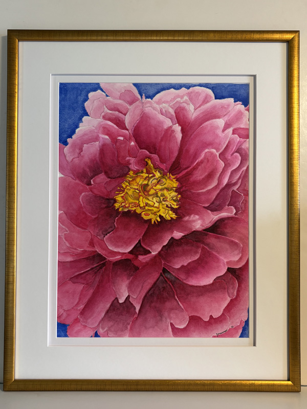 A realistic painting of an up close view of a pink flower