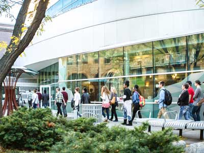 A line of people walking toward the entrance of a glass building