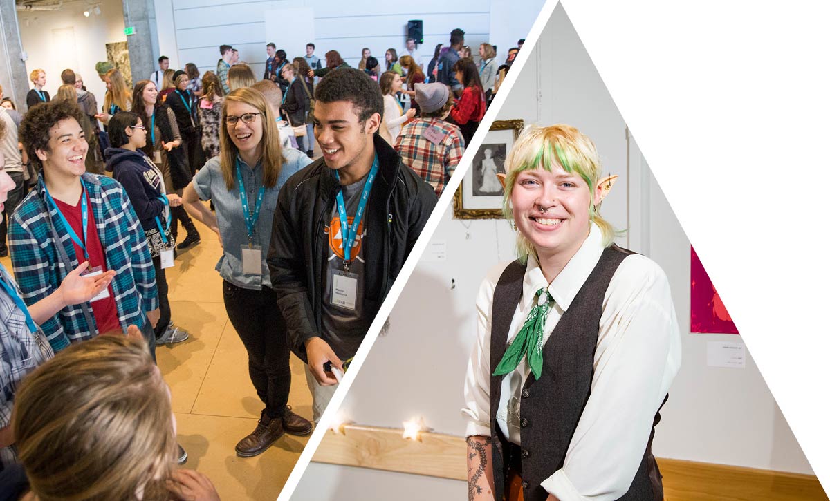 On the left side of the image, a group of students engages in conversation. On the right side, a person wearing a black vest and a green scraf with blond hair smiles into the camera. 
