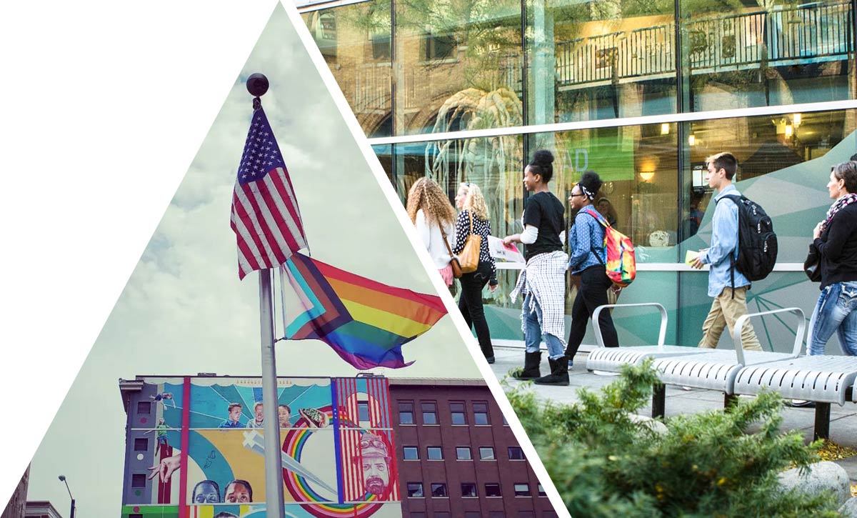 On the left side of the image, and american flag flies next to a pride flag in front of a blue sky. In the left side, students walk into a building. 