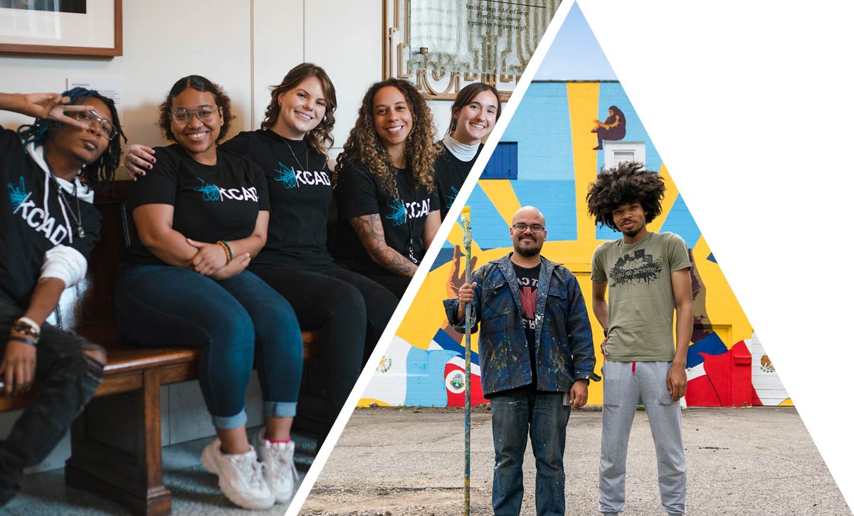 On the left side of the image, a group of students pose on a bench. On the right side, two men stand in front of a colorful mural holding paint brushes.