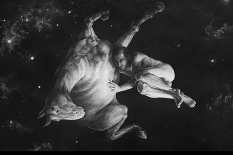 Drawing of a man and a horse floating in space